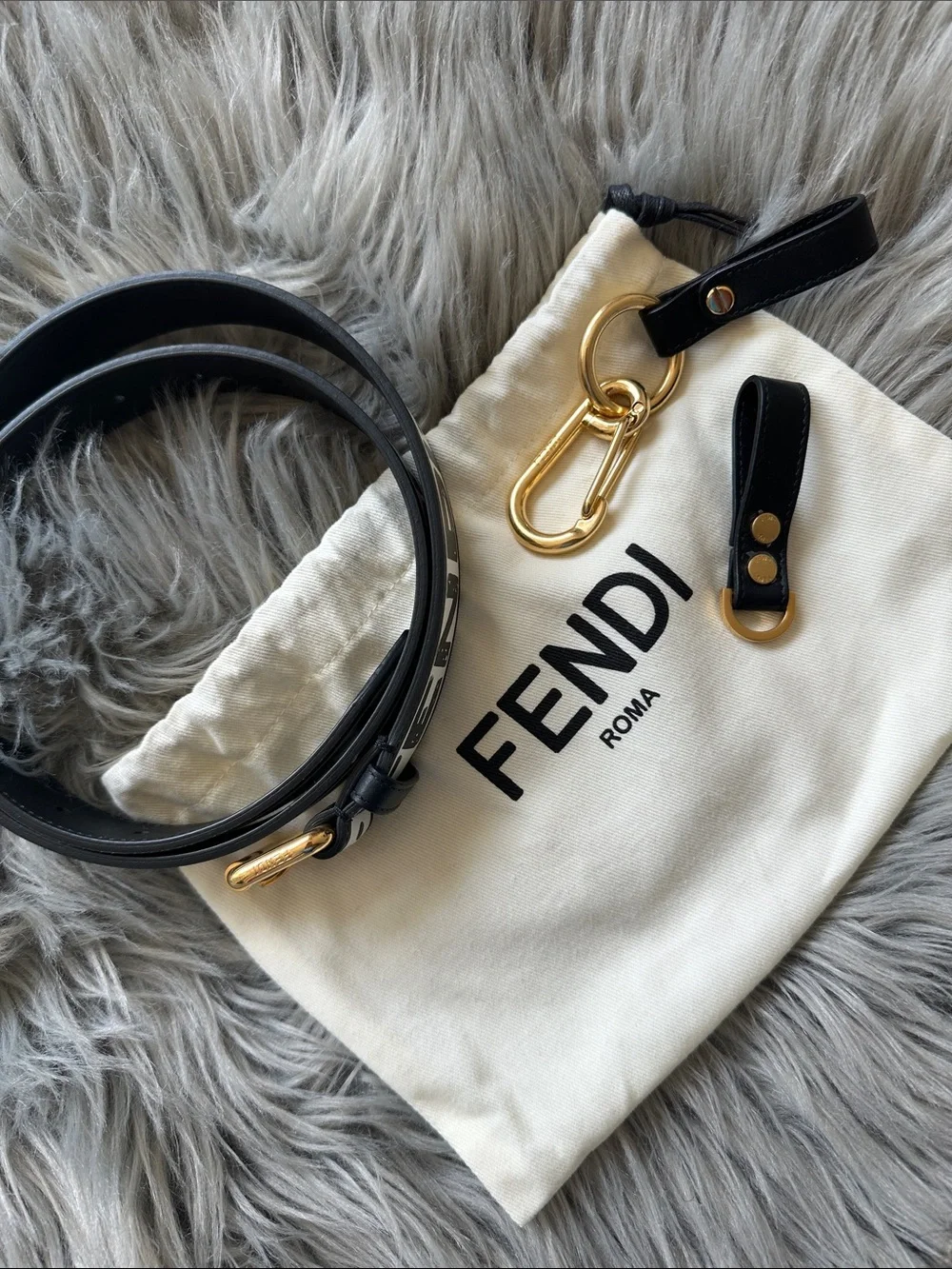 Authentic Fendi Black and White Logo Leather Shoulder Strap with Gold Hardware
